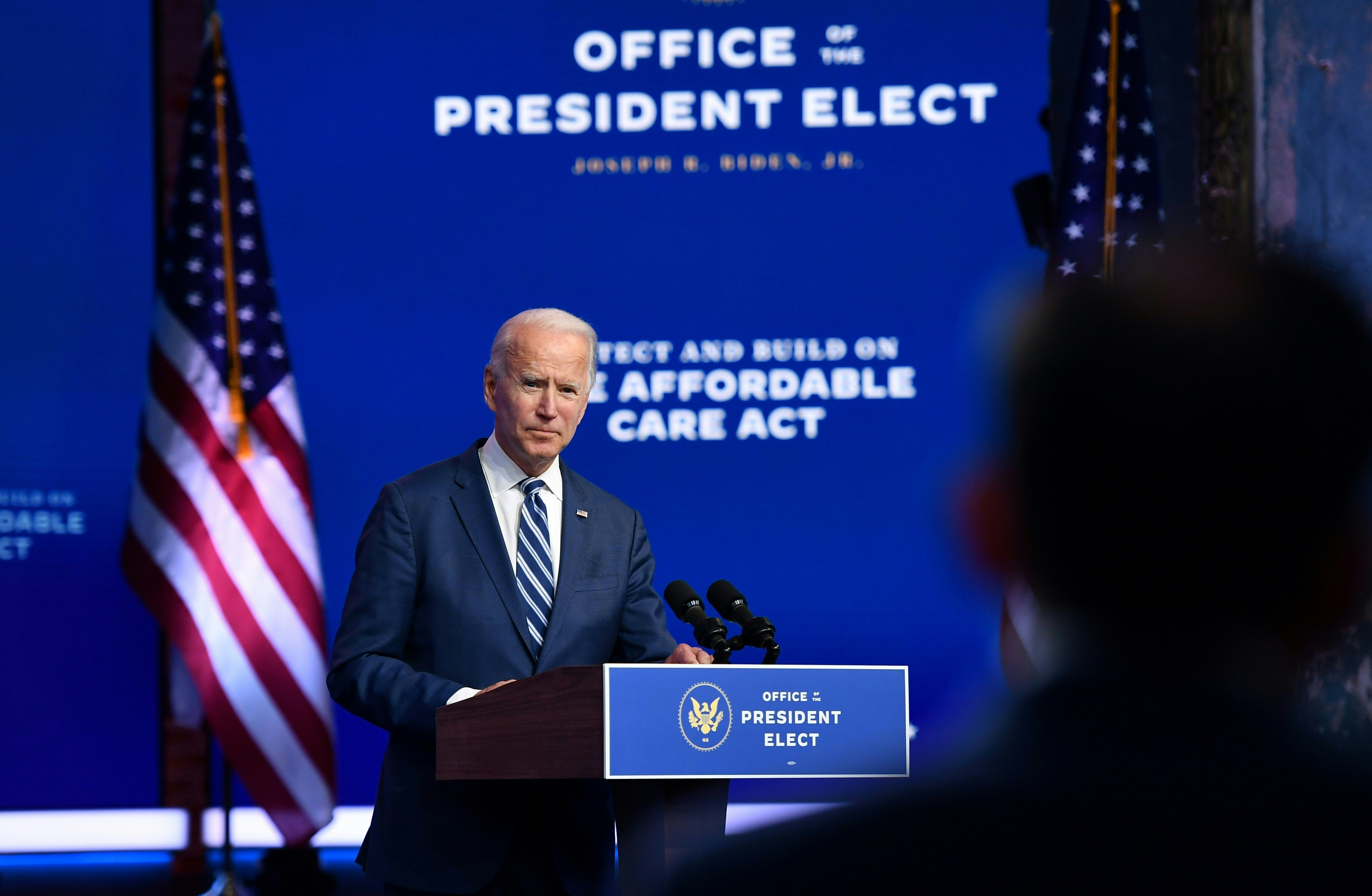 President-elect Joe Biden delivers remarks at The Queen in Wilmington, Delaware in November 2020.
